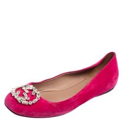 Pre Owned حذاء باليرينا فلات غوتشي سويدي وردي مزين جي جي كريستال مقاس 38