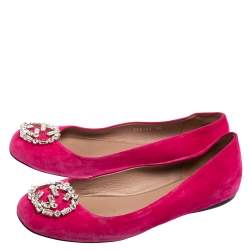 Pre Owned حذاء باليرينا فلات غوتشي سويدي وردي مزين جي جي كريستال مقاس 38