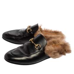 Pre Owned صندل فلات سلايد غوتشي برينستون هورسبيت فرو وجلد أسود مقاس 38