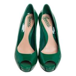 Gucci Green Patent Leather Peep Toe Platform Pumps Size 38.5