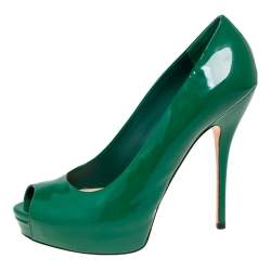 Gucci Green Patent Leather Peep Toe Platform Pumps Size 38.5