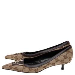 Pre Owned Gucci Beige/Brown GG Canvas and Leather Pointed Toe Pumps Size 35.5