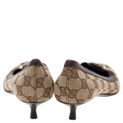 Pre Owned Gucci Beige/Brown GG Canvas and Leather Pointed Toe Pumps Size 35.5