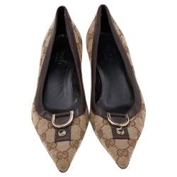 Pre Owned Gucci Beige/Brown GG Canvas and Leather Pointed Toe Pumps Size 35.5