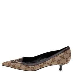 Pre Owned Gucci Beige/Brown GG Canvas and Leather Pointed Toe Pumps Size 35.5
