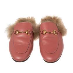 Pre Owned حذاء مولز غوتشي هورسبيت برينستاون بطانة فرو وجلد وردي مقاس 37