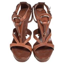 Gucci Brown Leather Icon Bit Ankle-Strap Platform Sandals Size 39