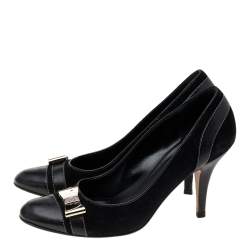 Pre Owned Gucci Black Suede and Leather Bow Cap Toe Pumps Size 36C