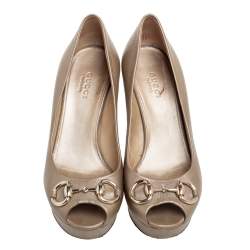 Pre Owned Gucci Metallic Bronze Leather Horsebit Peep Toe Pumps Size 36