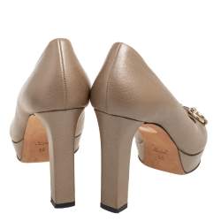 Pre Owned Gucci Metallic Bronze Leather Horsebit Peep Toe Pumps Size 36