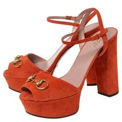 Pre Owned صندل غوتشي هورسبيت سويدي برتقالي نعل سميك بحزام للكاحل مقاس 38