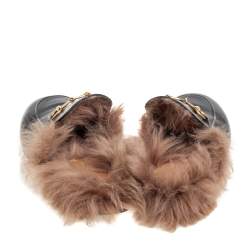 مملوكة مسبقًا حذاء سلايد غوتشي برينستون فرو وجلد أسود مقاس 37.5