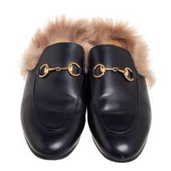 مملوكة مسبقًا حذاء سلايد غوتشي برينستون فرو وجلد أسود مقاس 37.5