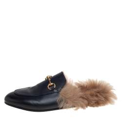 مملوكة مسبقًا حذاء سلايد غوتشي برينستون فرو وجلد أسود مقاس 37.5