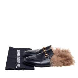 مملوكة مسبقًا حذاء سلايد غوتشي برينستون فرو وجلد أسود مقاس 37.5