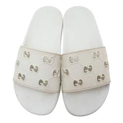 Pre Owned Gucci White Rubber Pursuit G Slides Size 38