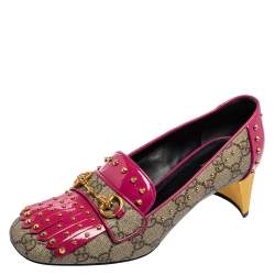 Pre Owned Gucci Pink/Canvas Leather And Patent Horsebit Block Heel Loafer Pumps Size 39