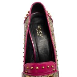 Pre Owned Gucci Pink/Canvas Leather And Patent Horsebit Block Heel Loafer Pumps Size 39