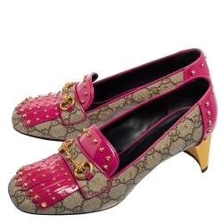 Pre Owned Gucci Pink/Canvas Leather And Patent Horsebit Block Heel Loafer Pumps Size 39