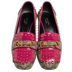 Pre Owned Gucci Pink/Canvas Leather And Patent Horsebit Block Heel Loafer Pumps Size 39