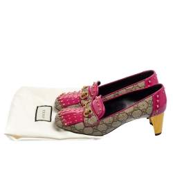 Pre Owned Gucci Pink/Canvas Leather And Patent Horsebit Block Heel Loafer Pumps Size 39