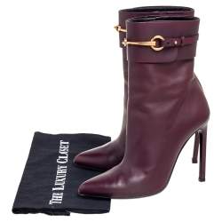 Pre Owned Gucci Burgundy Leather Horsebit Ursula Mid-Calf Boots Size 38.5