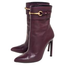Pre Owned Gucci Burgundy Leather Horsebit Ursula Mid-Calf Boots Size 38.5