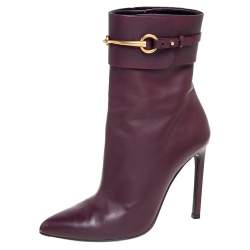 Pre Owned Gucci Burgundy Leather Horsebit Ursula Mid-Calf Boots Size 38.5