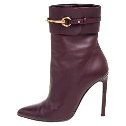 Pre Owned Gucci Burgundy Leather Horsebit Ursula Mid-Calf Boots Size 38.5