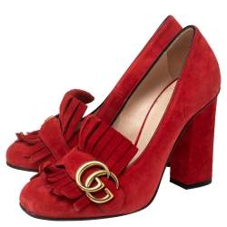 Pre Owned Gucci Red Suede Leather GG Marmont Fringe Detail Block Heel Pumps Size 36.5