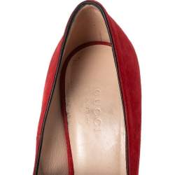 Pre Owned Gucci Red Suede Leather GG Marmont Fringe Detail Block Heel Pumps Size 36.5
