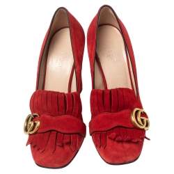 Pre Owned Gucci Red Suede Leather GG Marmont Fringe Detail Block Heel Pumps Size 36.5