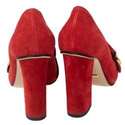 Pre Owned Gucci Red Suede Leather GG Marmont Fringe Detail Block Heel Pumps Size 36.5