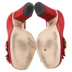 Pre Owned Gucci Red Suede Leather GG Marmont Fringe Detail Block Heel Pumps Size 36.5