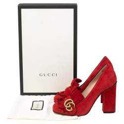 Pre Owned Gucci Red Suede Leather GG Marmont Fringe Detail Block Heel Pumps Size 36.5