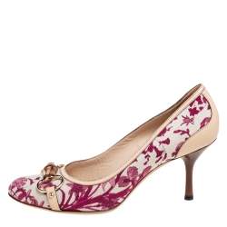 Pre Owned حذاء كعب عالي غوتشي هورسبيت بامبو كانفاس وجلد أبيض مورد مقاس 38.5