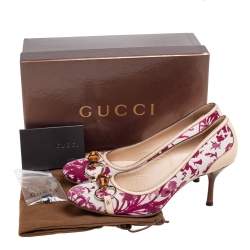 Pre Owned حذاء كعب عالي غوتشي هورسبيت بامبو كانفاس وجلد أبيض مورد مقاس 38.5