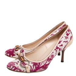 Pre Owned حذاء كعب عالي غوتشي هورسبيت بامبو كانفاس وجلد أبيض مورد مقاس 38.5