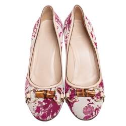 Pre Owned حذاء كعب عالي غوتشي هورسبيت بامبو كانفاس وجلد أبيض مورد مقاس 38.5