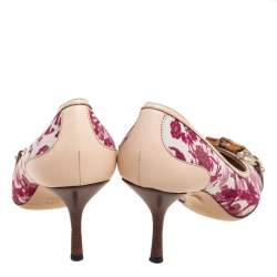 Pre Owned حذاء كعب عالي غوتشي هورسبيت بامبو كانفاس وجلد أبيض مورد مقاس 38.5