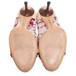 Pre Owned حذاء كعب عالي غوتشي هورسبيت بامبو كانفاس وجلد أبيض مورد مقاس 38.5