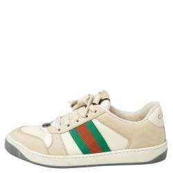 مملوكة مسبقًا Gucci Beige Leather and Nubuck Leather Screener Low Top Sneakers Size 37