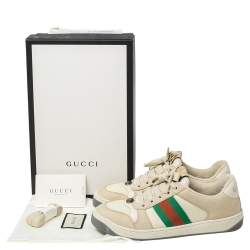 مملوكة مسبقًا Gucci Beige Leather and Nubuck Leather Screener Low Top Sneakers Size 37