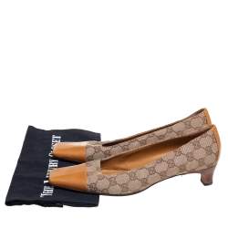 Pre Owned Gucci Beige/Tan GG Canvas and Leather Square Cap-Toe Pumps Size 40.5