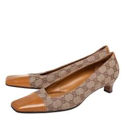 Pre Owned Gucci Beige/Tan GG Canvas and Leather Square Cap-Toe Pumps Size 40.5
