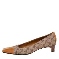 Pre Owned Gucci Beige/Tan GG Canvas and Leather Square Cap-Toe Pumps Size 40.5