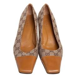 Pre Owned Gucci Beige/Tan GG Canvas and Leather Square Cap-Toe Pumps Size 40.5