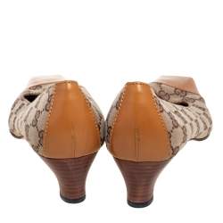 Pre Owned Gucci Beige/Tan GG Canvas and Leather Square Cap-Toe Pumps Size 40.5