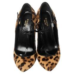 مملوكة مسبقًا Gucci Brown/Beige Leopard Print Calf Hair Beverly T-Strap Pumps Size 37