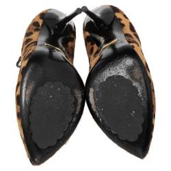 مملوكة مسبقًا Gucci Brown/Beige Leopard Print Calf Hair Beverly T-Strap Pumps Size 37